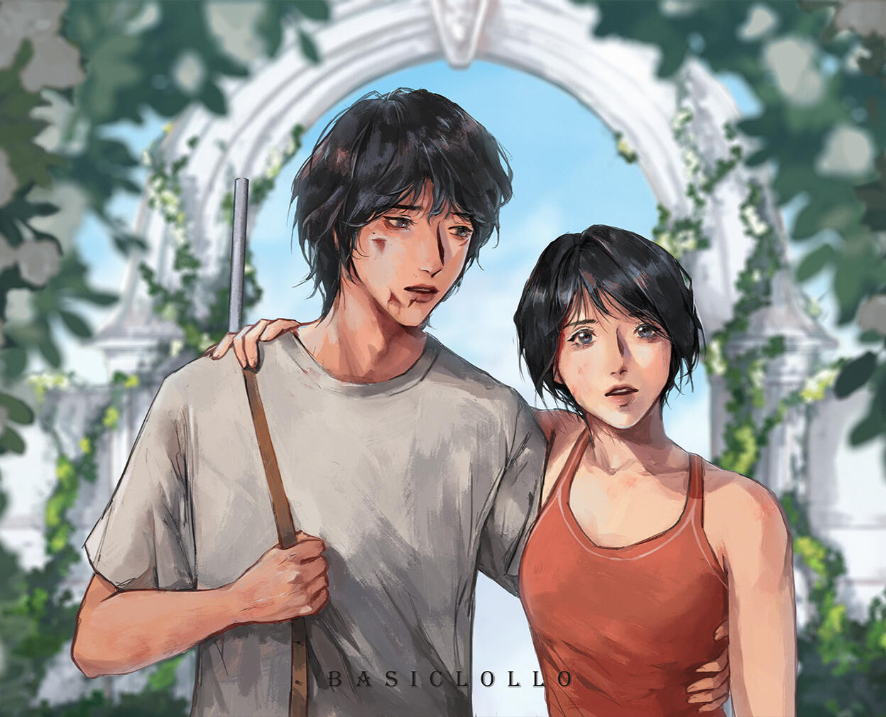 Half body + 1 character + complex background